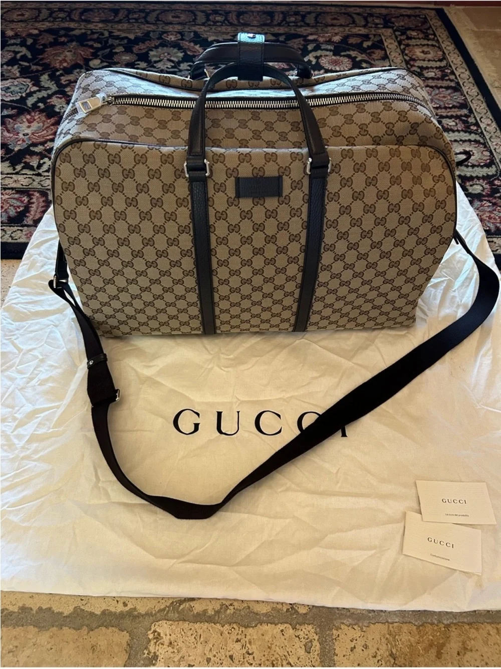Gucci Brown GG Supreme Canvas Weekender Travel Bag with Dark Brown Trim